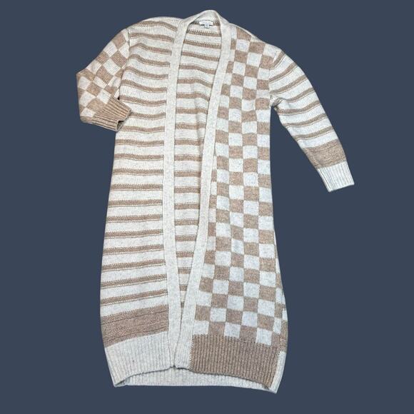 TopShop Oversized Checkerboard Stripe Maxi Cardigan Cream XS - Picture 3 of 9
